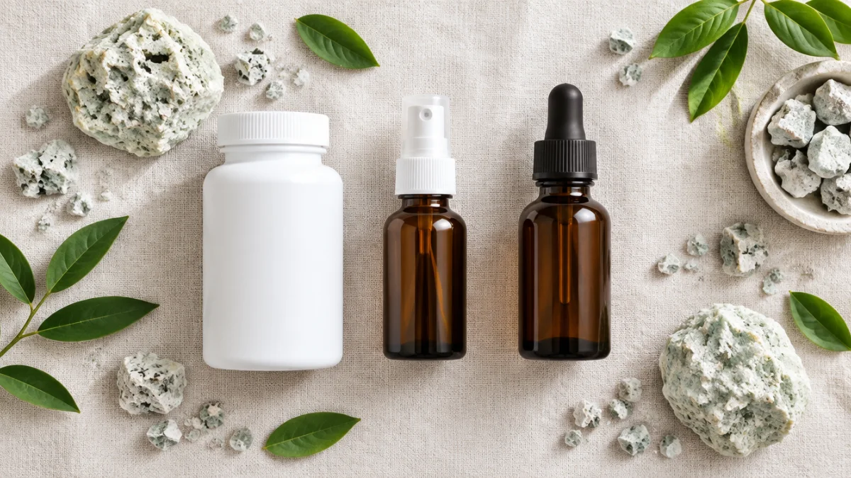 Zeolite capsules, spray and drops compared side by side with zeolite stones
