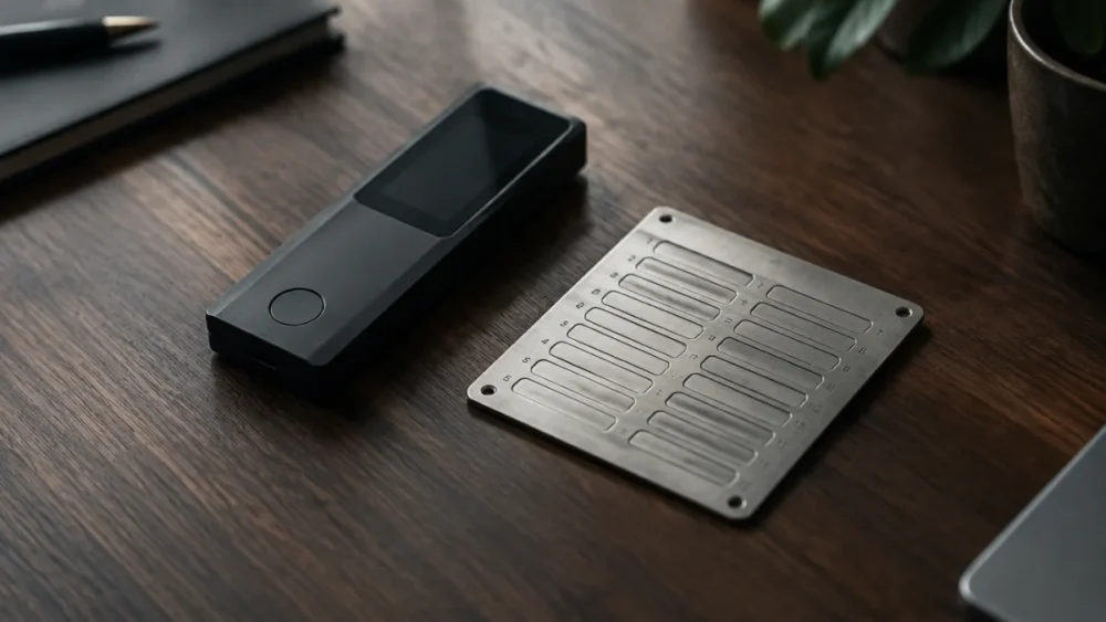 Hardware crypto wallet next to a steel seed phrase backup plate