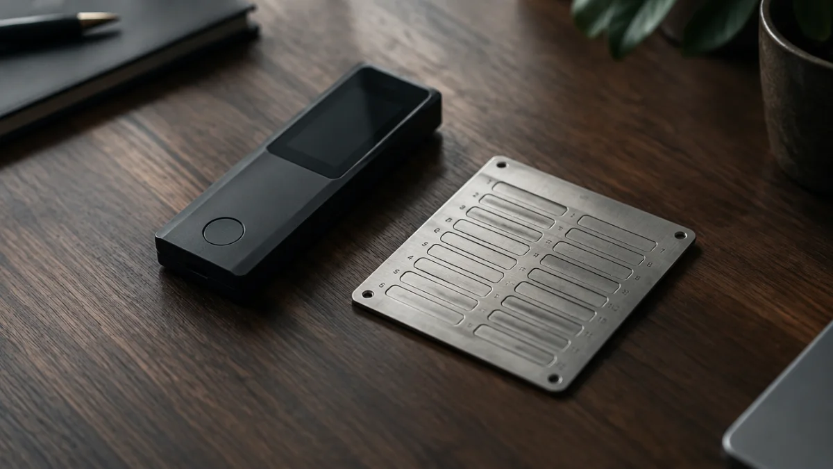Hardware crypto wallet next to a steel seed phrase backup plate