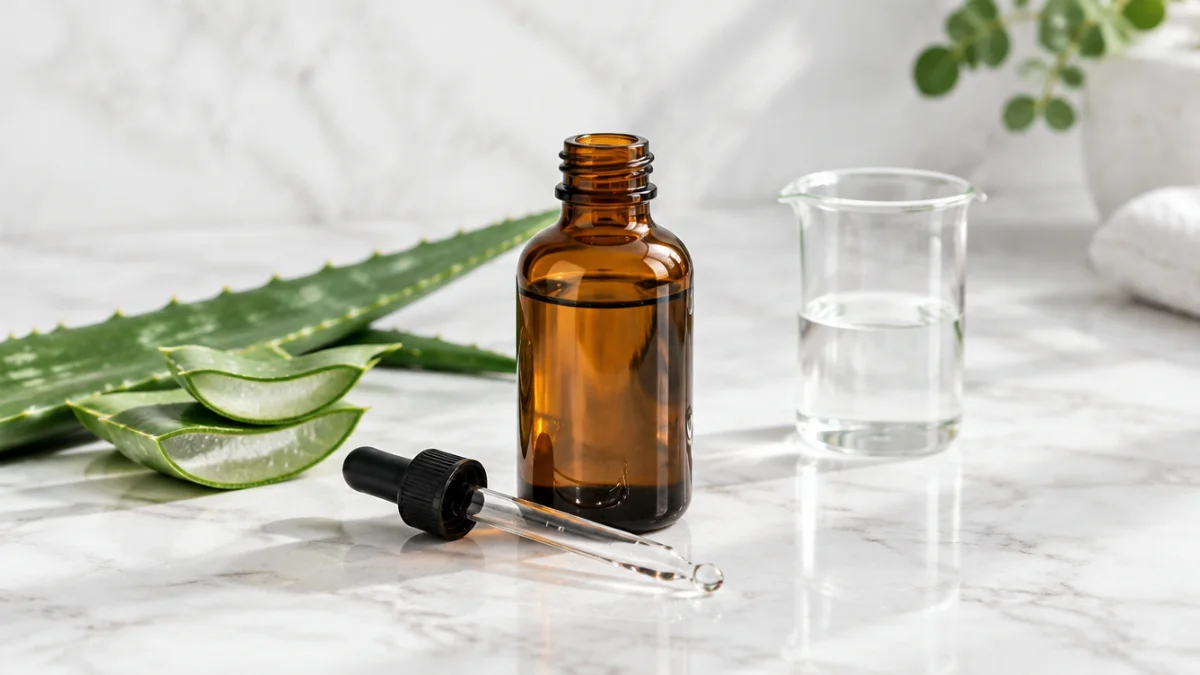 Amber dropper bottle of DMSO with aloe vera and a glass beaker