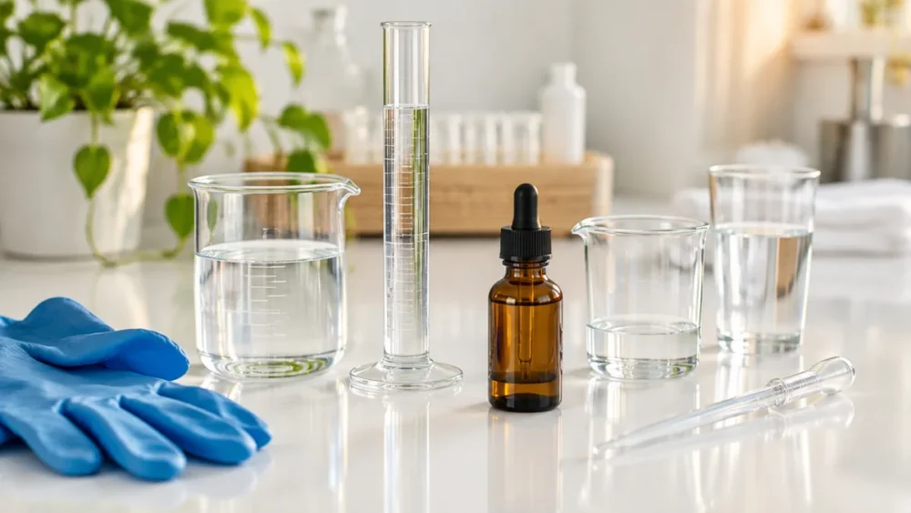 Glass measuring beakers, distilled water and an amber dropper bottle for diluting DMSO