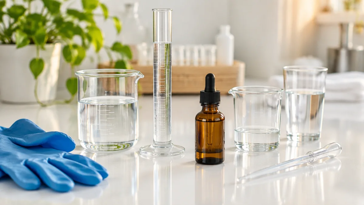 Glass measuring beakers, distilled water and an amber dropper bottle for diluting DMSO