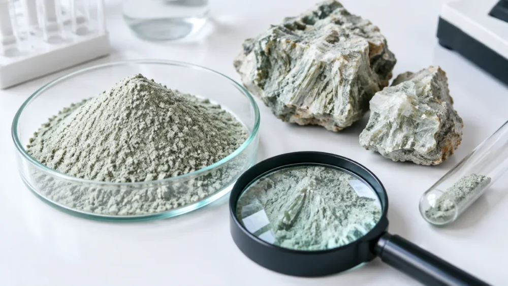 Zeolite powder and raw clinoptilolite rock under a magnifying glass for purity testing