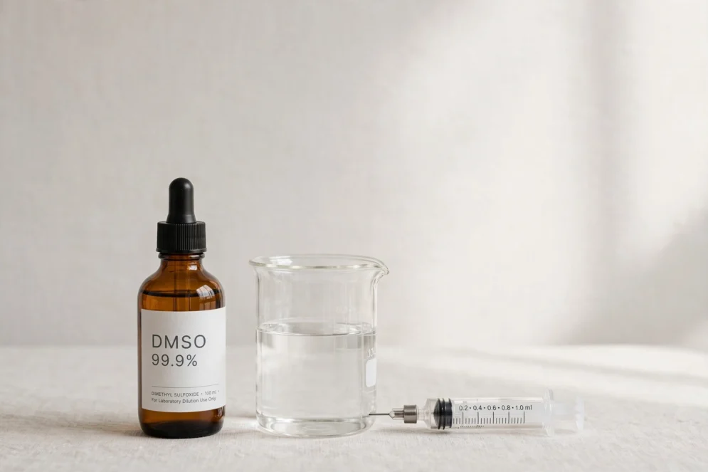 Amber glass bottle of 99.9% DMSO with glass beaker and measuring syringe