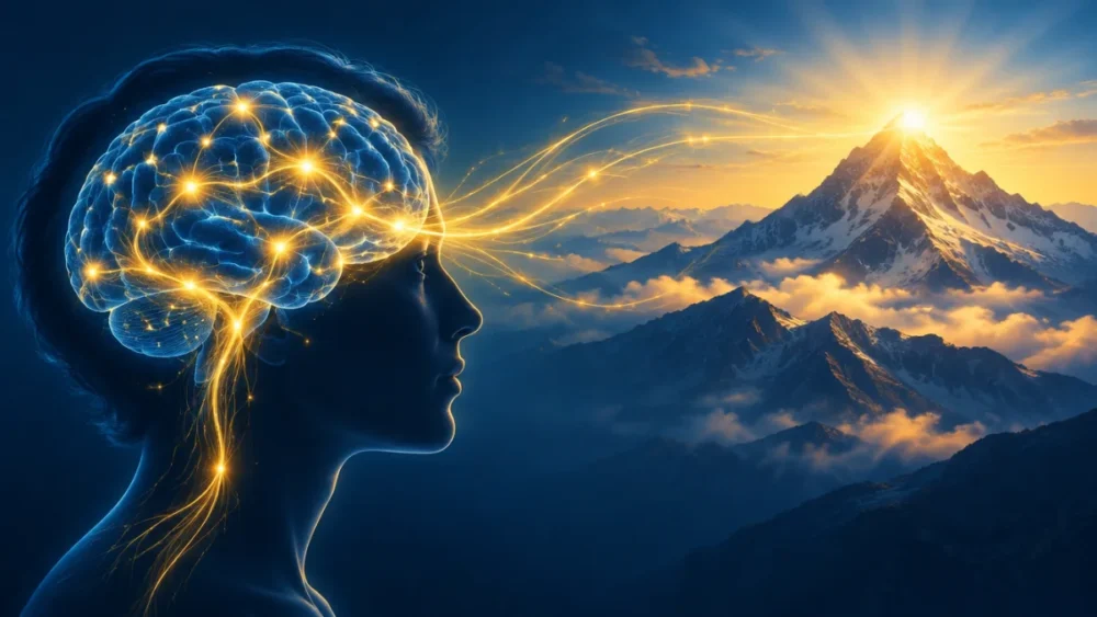 Glowing brain neural pathways connecting to a mountain summit goal