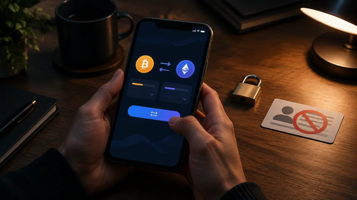 Smartphone showing a private crypto swap with a padlock and crossed-out ID card