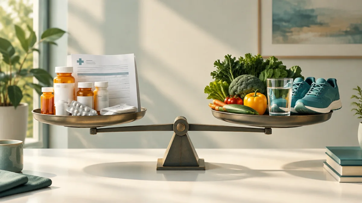 Balance scale weighing prescription bottles and hospital bills against healthy food and exercise