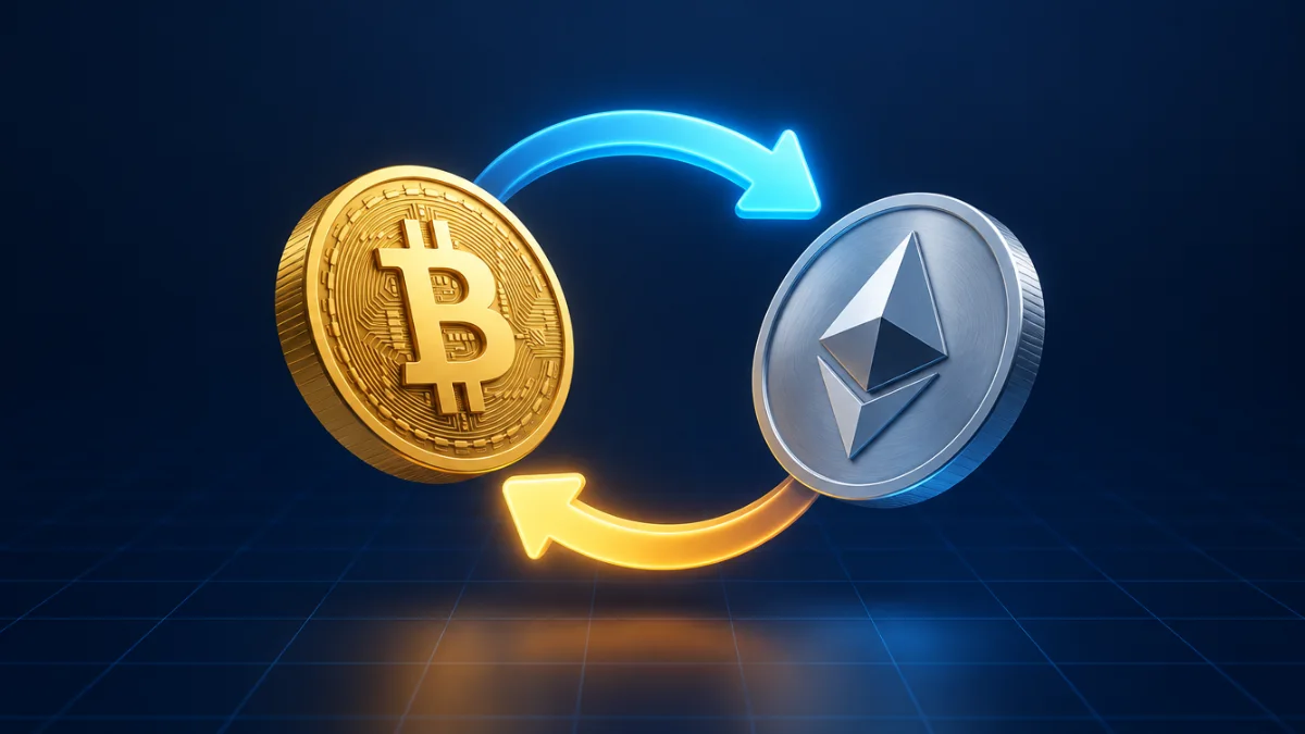 Bitcoin and Ethereum coins swapping places with arrows