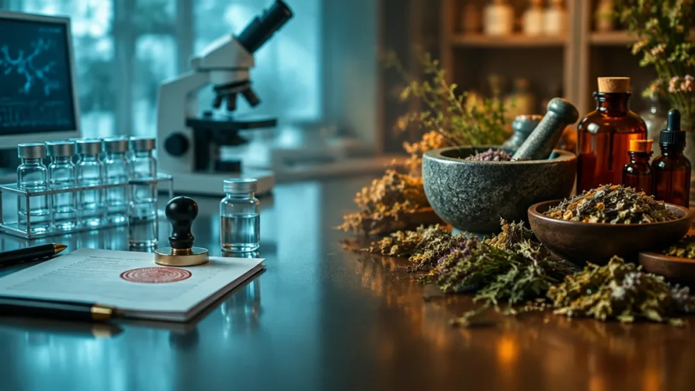 Pharmaceutical lab beside medicinal herbs and tinctures, showing the patent divide