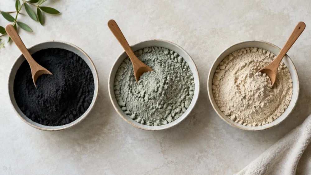 Bowls of activated charcoal, zeolite and bentonite clay powder side by side
